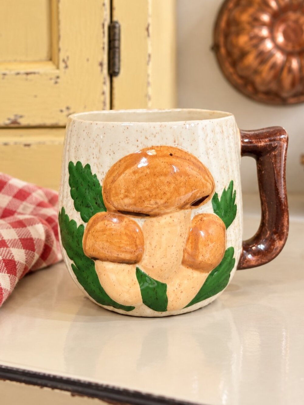 Mushroom Ceramic Mug Cream Speckled Raised Design Brown Handle Cottagecore
